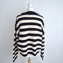 Load image into Gallery viewer, New Look Striped Jumper  Size Large Black Cream Button Shoulder Boxy Breton
