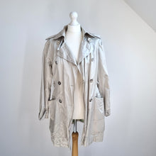 Load image into Gallery viewer, M&amp;S Per Una Trenchcoat Light Gold Metallic Belted Lined Tiered Back Party 14
