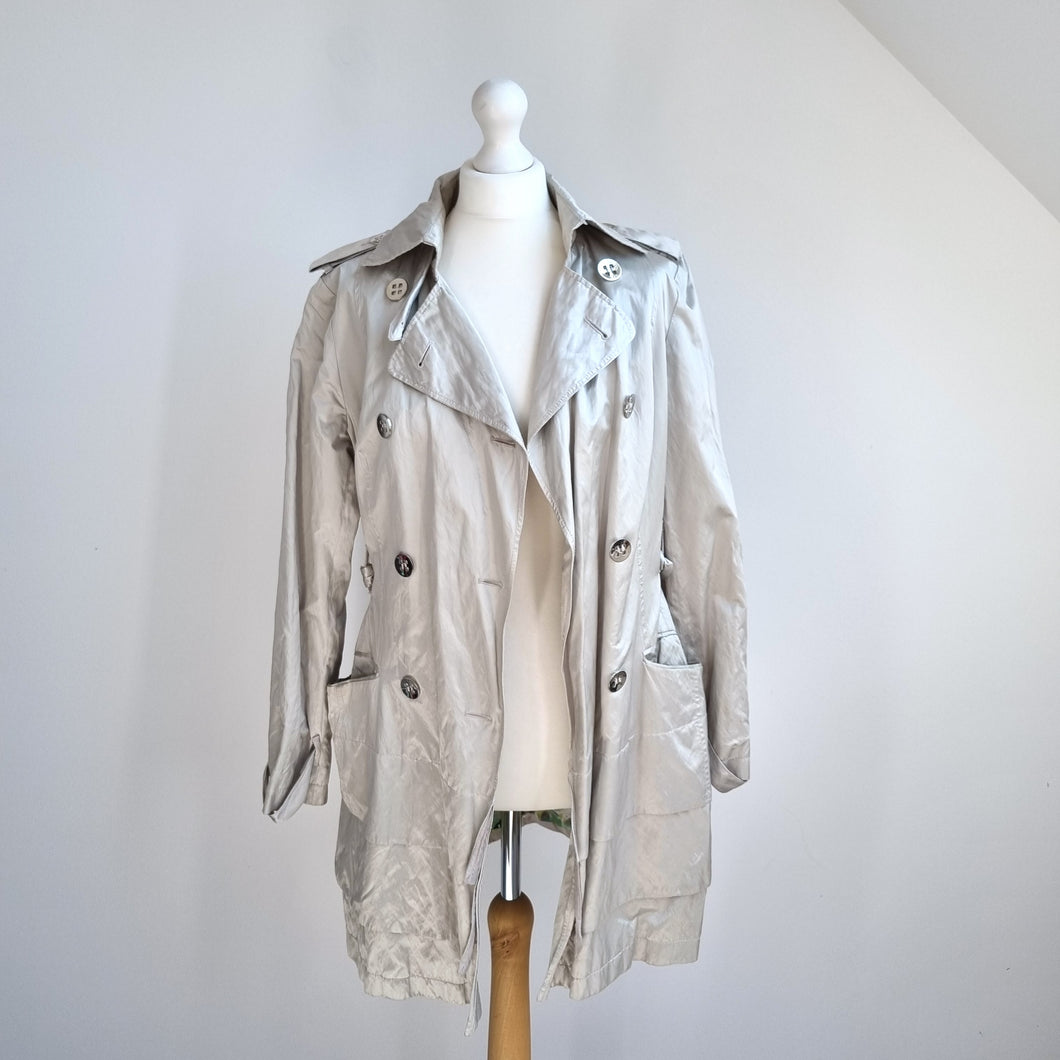 M&S Per Una Trenchcoat Light Gold Metallic Belted Lined Tiered Back Party 14