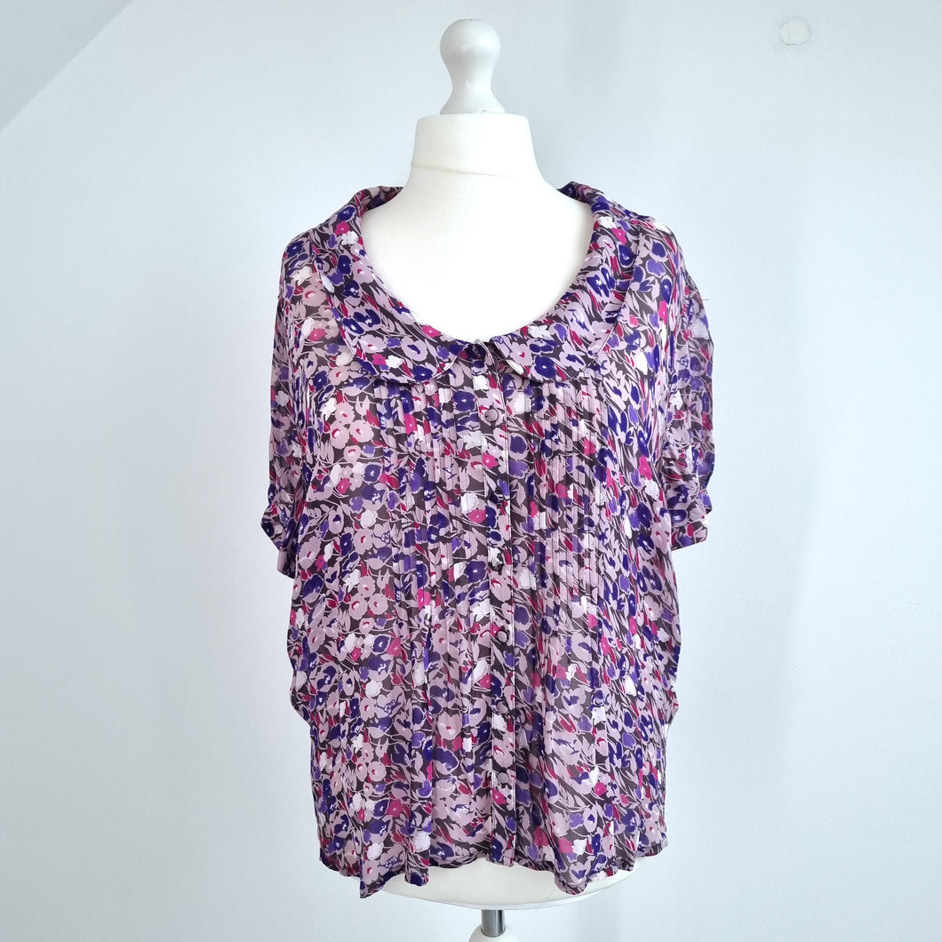 East Blouse Floral Print Peter Pan Collar Chiffon Short Sleeves Purple Lilac 18