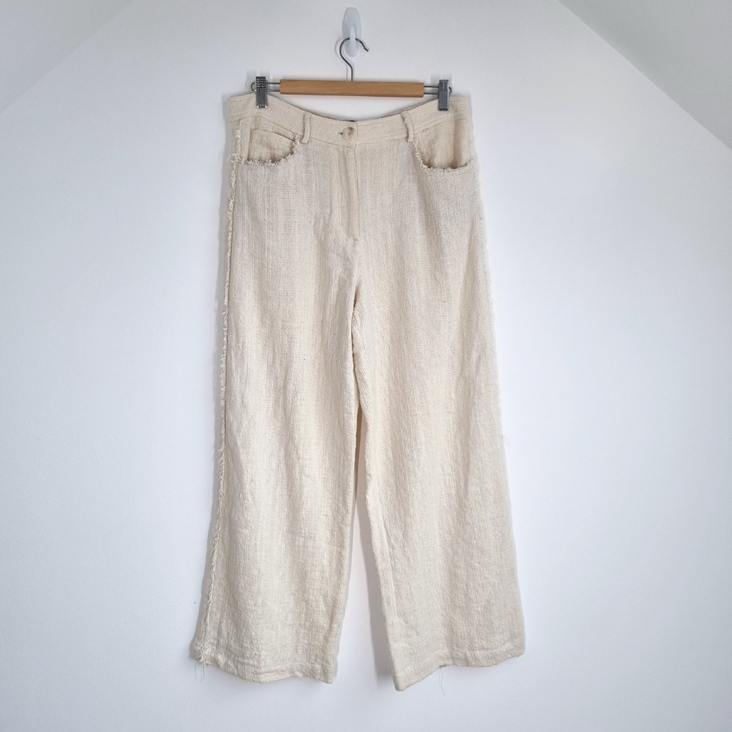Zara Trousers Cream Wide Leg Large Raw Side Stripe High Rise Woven Tweed Pockets