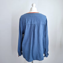 Load image into Gallery viewer, Boden Blouse Embroidered Rainbow Trim UK 16 Blue Top Buttons Cotton Long Sleeve
