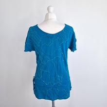 Load image into Gallery viewer, Vintage Ghost Blouse Blue Top Embroidered Sequins Scoop Neck Boho 90s Large
