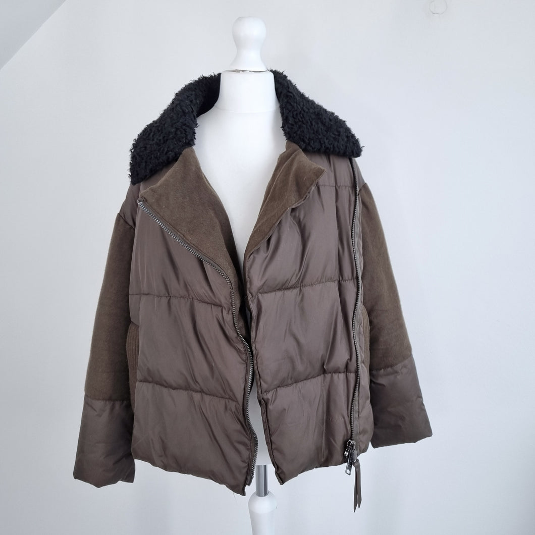 All Saints Puffer Jacket Elita Biker Puffa Women's Coat Brown Quilted Zips Small