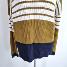 Load image into Gallery viewer, Next Jumper Lace Up Back Chunky Knit Green Navy Striped Cotton Blend Medium
