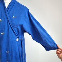 Load image into Gallery viewer, Vintage St Michael Robe Dressing Gown Blue Embroidered Cotton Wrap Kimono 10 12
