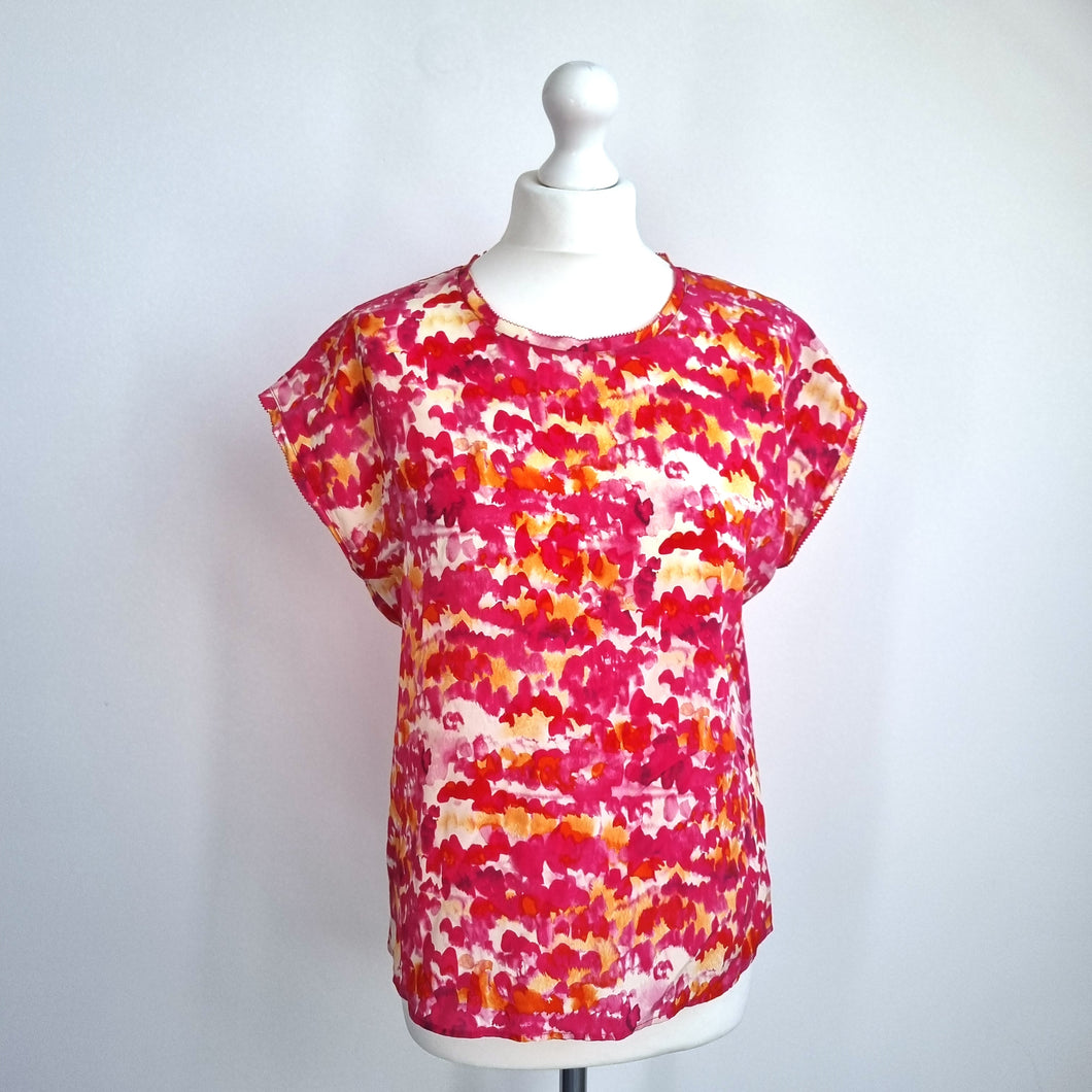 Whistles Blouse 100% Silk Pink Yellow Abstract Print Short Sleeves Top Bright 10