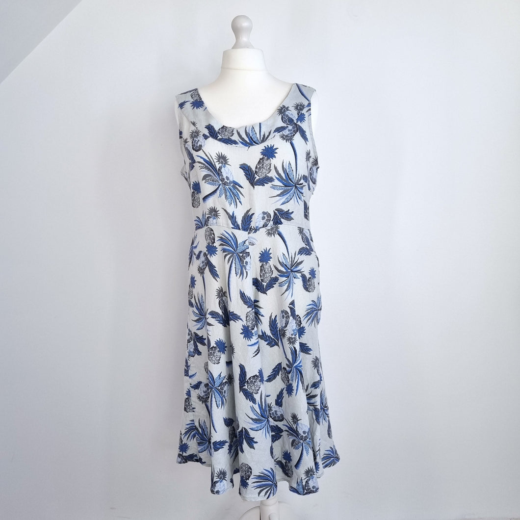 Brora Dress 100% Linen Floral Print A Line Sleeveless Blue Grey Casual Knee 18