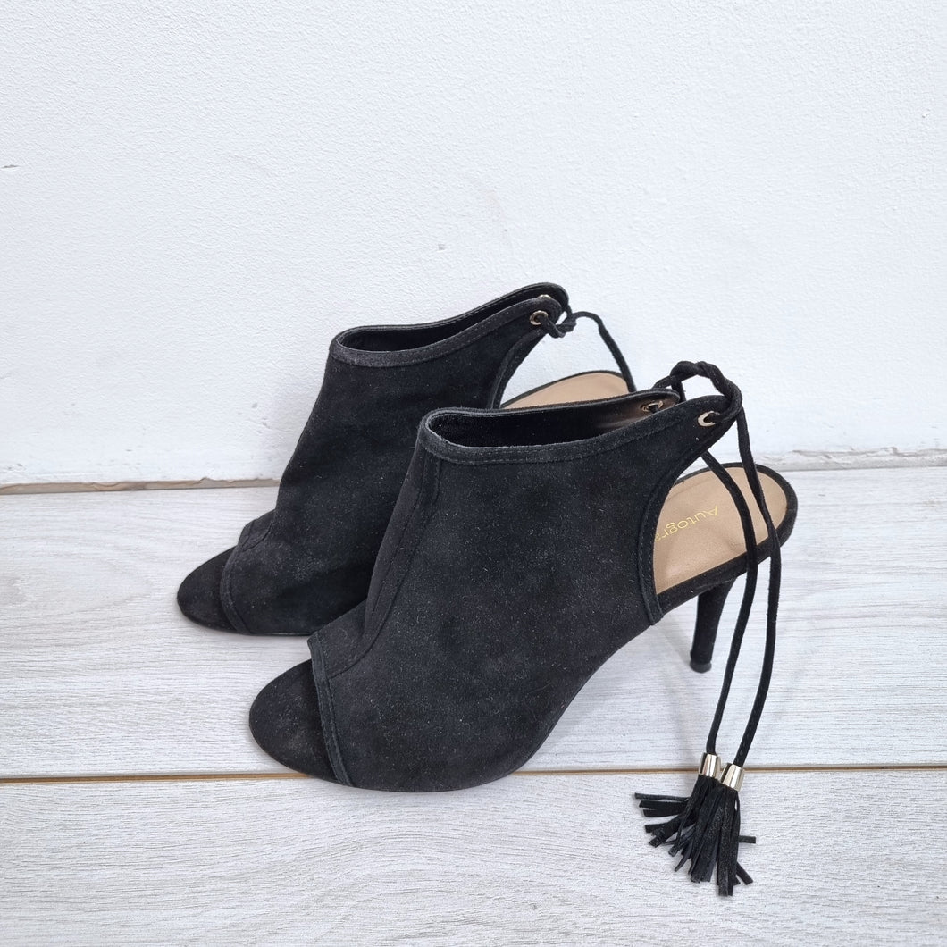M&S Autograph Suede Sandals High Heels Black 5.5 Peep Toe Lace Up Open Back Boot