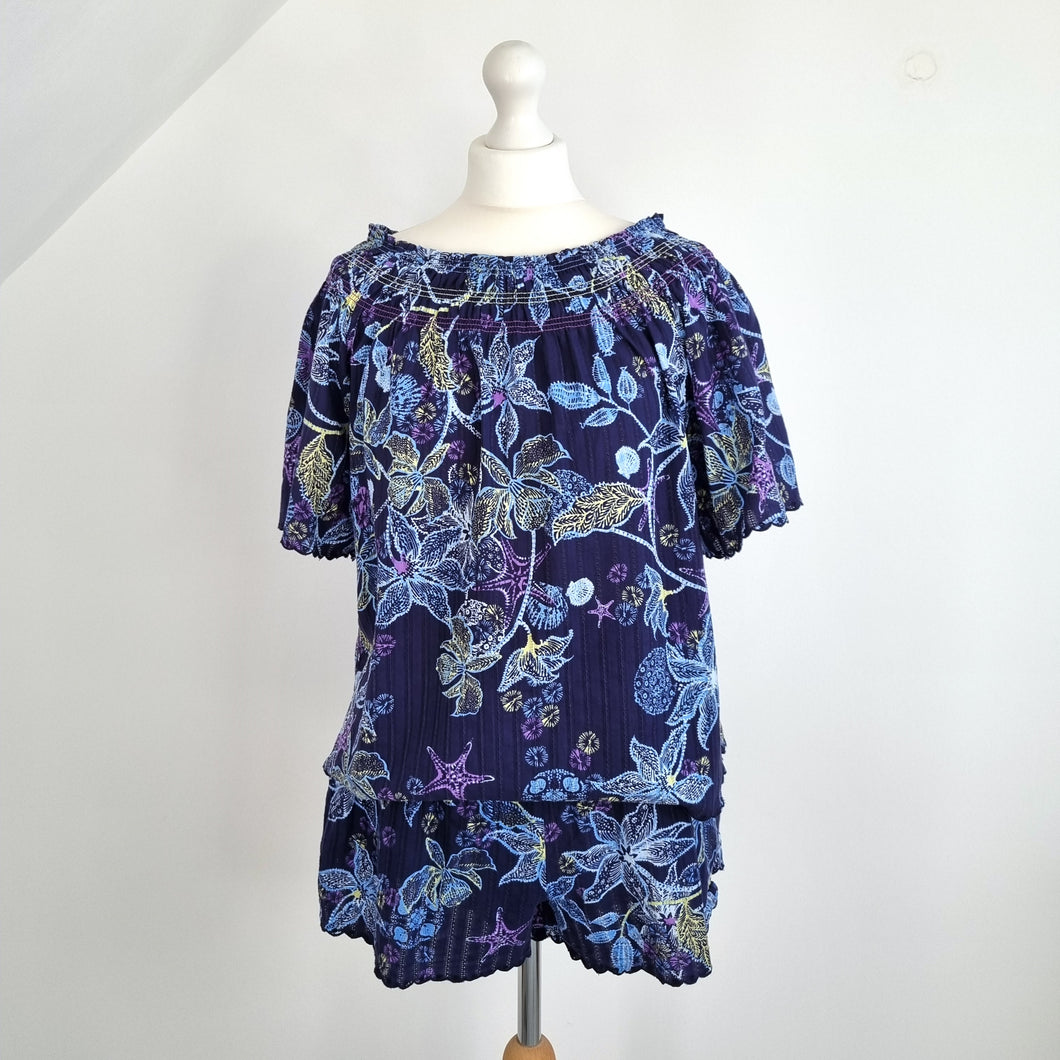 White Stuff Co-ord Set Shorts Top Blue Floral Cotton Summer Scalloped Medium