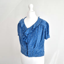 Load image into Gallery viewer, MiH 100% Silk Top Cropped Blouse Blue Star Print Button Down Frill Ruffle Medium
