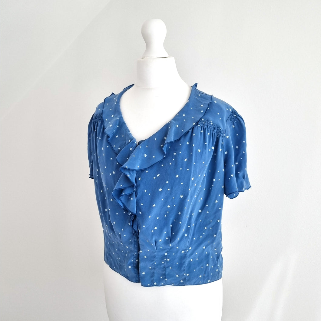 MiH 100% Silk Top Cropped Blouse Blue Star Print Button Down Frill Ruffle Medium