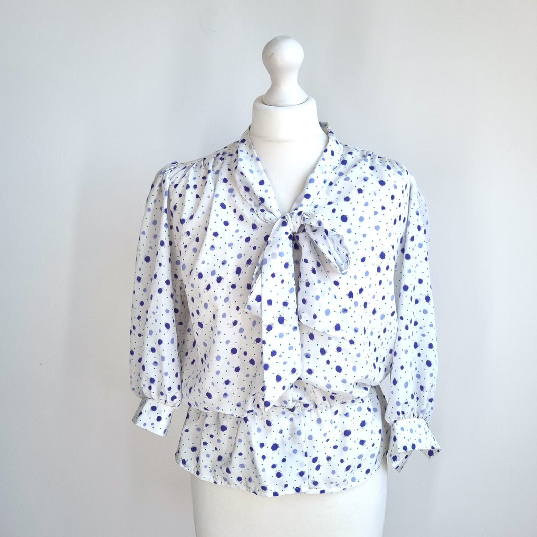 Vintage Hamells 80s Blouse White Purple Polka Dot Pussy Bow Tie Peplum 12 Petit