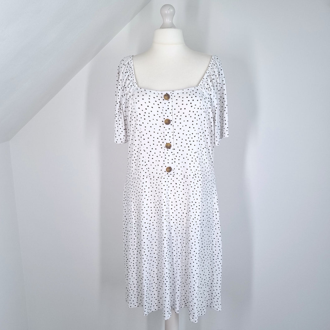 Next Dress White Polka Dots Skater Knee Length Jersey Casual Retro Stretch 22