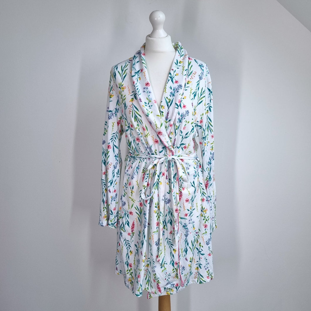 Laura Ashley Dressing Gown XL Floral Print Belted Robe Cotton Blend White Pocket