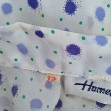 Load image into Gallery viewer, Vintage Hamells 80s Blouse White Purple Polka Dot Pussy Bow Tie Peplum 12 Petit
