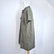 Load image into Gallery viewer, Nicole Miller Shirt Dress XL Linen Blend Khaki Green Button Down Safari Pockets
