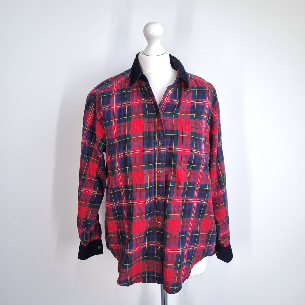 Vintage Jaeger Shirt Checked Plaid Red Cotton Wool Corduroy Collar Small 10 12