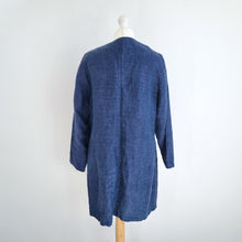 Load image into Gallery viewer, East 100% Linen Jacket Waterfall Open Pockets Navy Blue Draped Cardigan Medium
