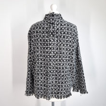 Load image into Gallery viewer, Zara Tweed Top Fringed XL Blouse Long Sleeves Boucle Black White Check Work
