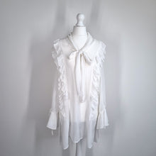 Load image into Gallery viewer, Zara Lavaliere White Blouse XS Sheer Oversized Bow Tunic Chiffon Steampunk
