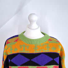 Load image into Gallery viewer, Jumper Multicoloured Bright Birds Aztec Funky Chunky Knit Wool Blend Large
