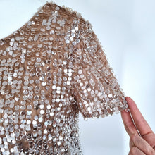 Load image into Gallery viewer, French Connection Sequin T-shirt Top Mesh Beige Embellished Party Lined 8
