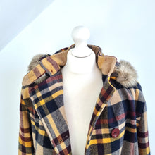 Load image into Gallery viewer, Tiffany Check Pea Coat Hooded Plaid Duffle Burgundy Mustard Beige Fur Trim XL
