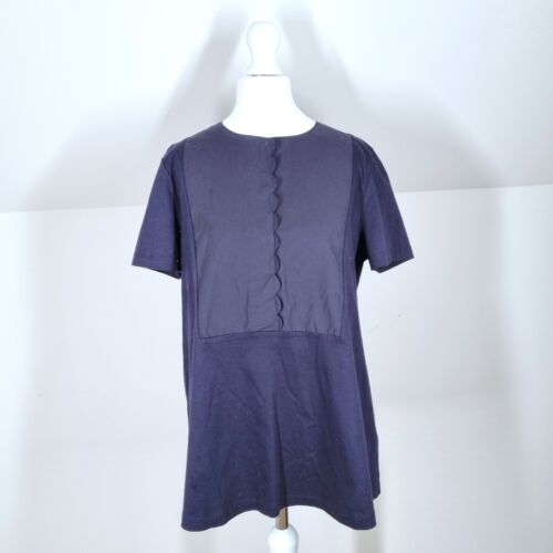 COS Blouse Scalloped Top Navy Blue 100% Cotton Short Sleeves Button Down Small