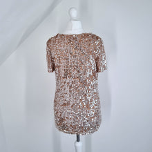 Load image into Gallery viewer, French Connection Sequin T-shirt Top Mesh Beige Embellished Party Lined 8
