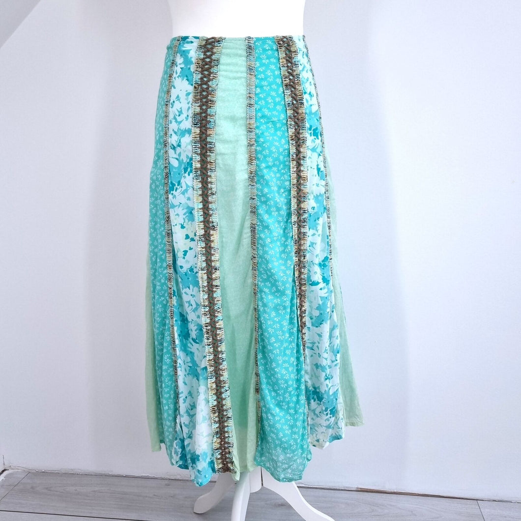 M&S Per Una Skirt Midi Maxi  Panelled Patchwork A Line Blue Green Lace Up 16 R