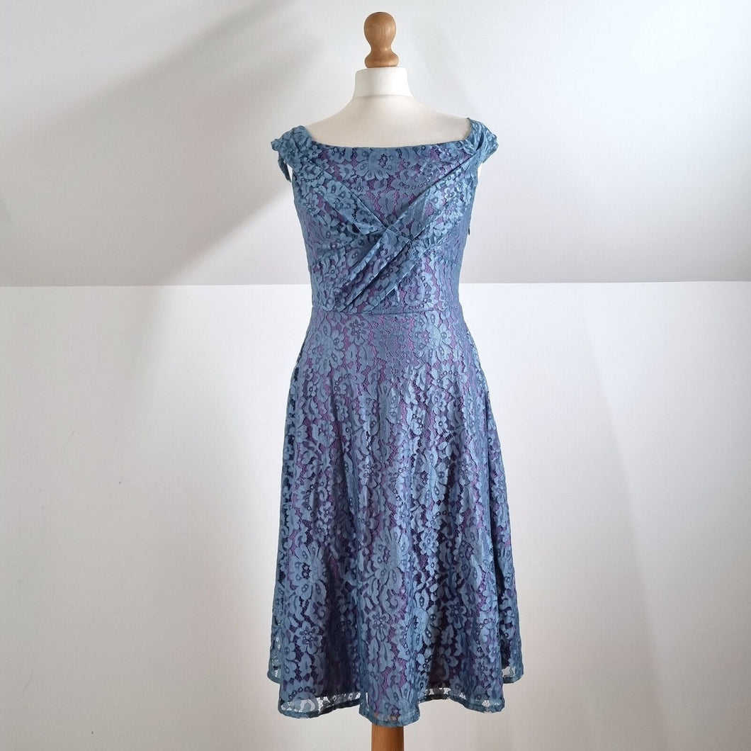 Pretty Eccentric Lace Dress Occasion Wedding Guest Off the Shoulder Blue 50s 10