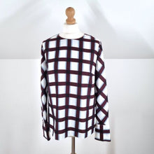 Load image into Gallery viewer, Hobbs Blouse Burgundy Boxy Check Print White Top Long Sleeves Work Smart 10
