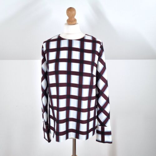 Hobbs Blouse Burgundy Boxy Check Print White Top Long Sleeves Work Smart 10