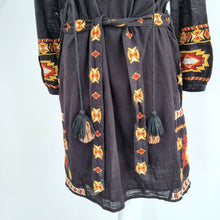 Load image into Gallery viewer, Next Embroidered Tunic Mini Dress Black Belted Kaftan Beach Boho Cotton Small
