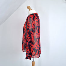 Load image into Gallery viewer, Hush Blouse Floral Print Red Shimmer Shirt Semi Sheer Chic Mandarin Collar 12
