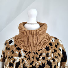 Load image into Gallery viewer, River Island Jumper Tiger Print Turtleneck Chunky Knit Roll Beige Sweater Small
