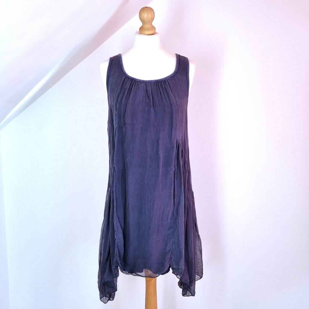 Phase Eight Blouse 100% Silk Navy Blue Tunic Draped Asymmetric Sleeveless Medium