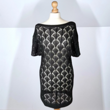 Load image into Gallery viewer, Mint Velvet Dress Crochet Tunic Top Mini Black Shimmery Fan Pattern Bardot 8
