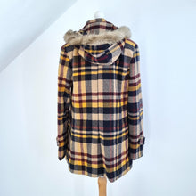 Load image into Gallery viewer, Tiffany Check Pea Coat Hooded Plaid Duffle Burgundy Mustard Beige Fur Trim XL
