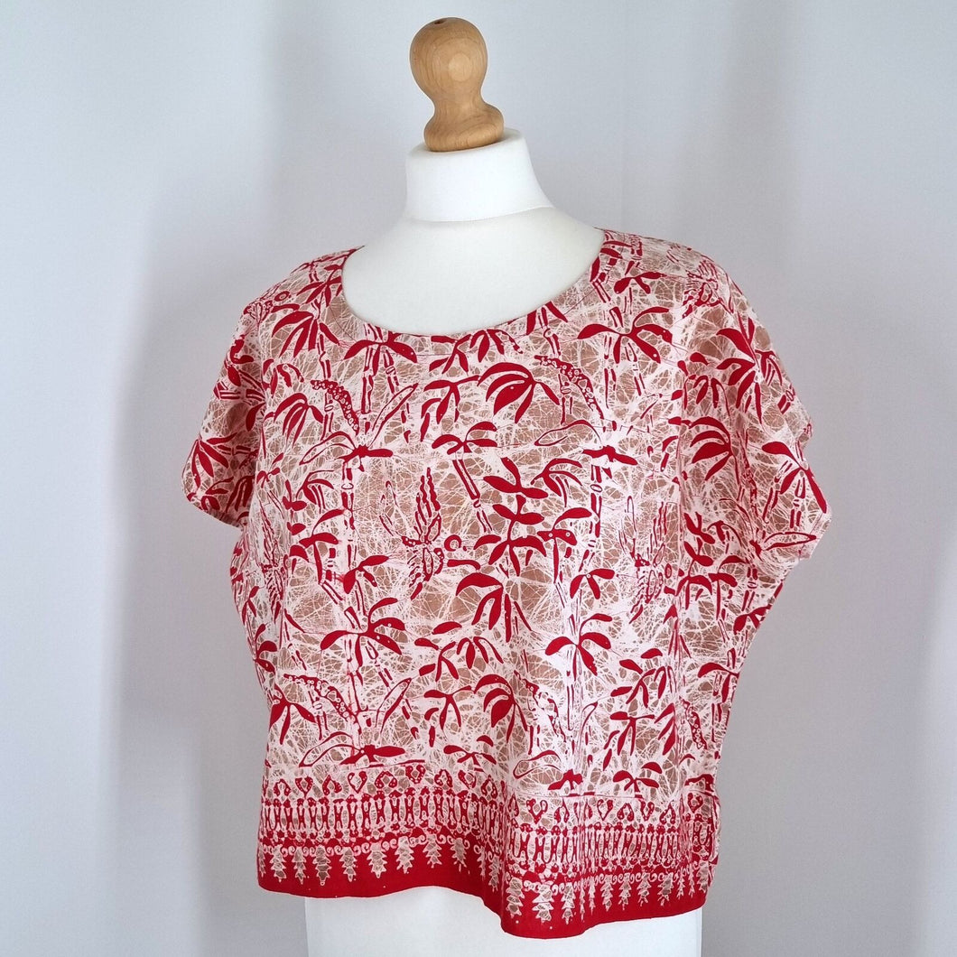 Vintage Batik Top Cropped Blouse Boxy Red Short Sleeves Bali Murni Cotton Large