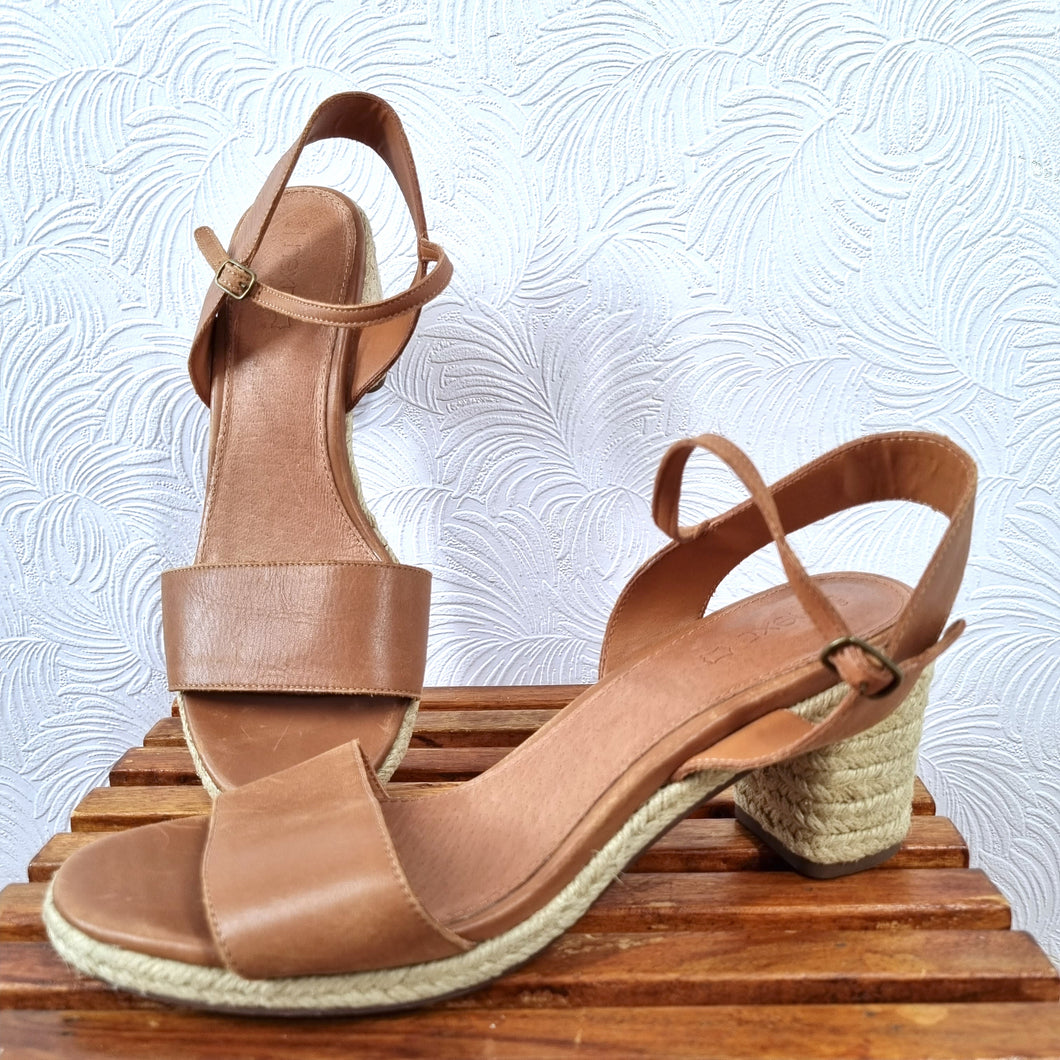 Next Real Leather Sandals Tan Strappy Espadrille Jute Heels Summer Shoes UK 6.5 EU 40