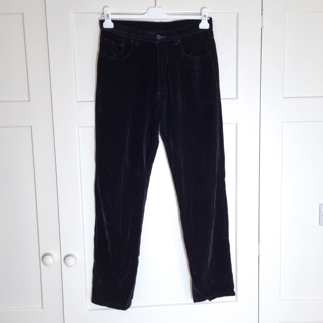 River Island Velvet Trousers Jeans Black Tapered High Waist Pockets Pants Retro 32'' Regular