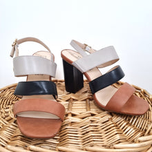 Load image into Gallery viewer, M&amp;S Slingback Sandals Insolia Block Heels Strappy Tan Black Faux Leather UK 5.5
