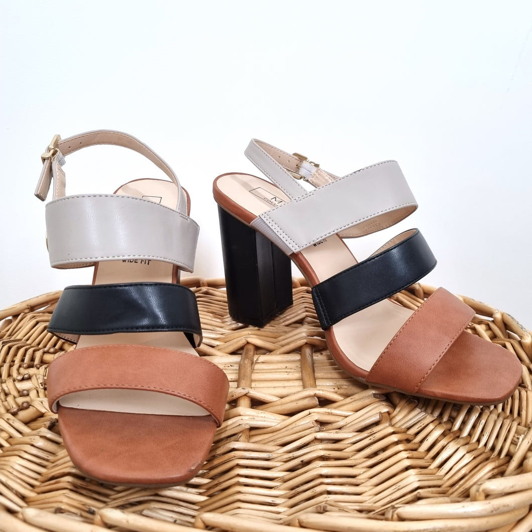 M&S Slingback Sandals Insolia Block Heels Strappy Tan Black Faux Leather UK 5.5