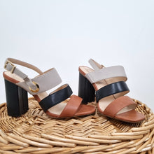 Load image into Gallery viewer, M&amp;S Slingback Sandals Insolia Block Heels Strappy Tan Black Faux Leather UK 5.5
