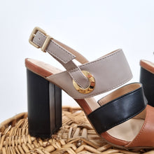 Load image into Gallery viewer, M&amp;S Slingback Sandals Insolia Block Heels Strappy Tan Black Faux Leather UK 5.5
