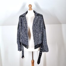 Load image into Gallery viewer, NEW Capsule Tweed Biker Jacket Faux Leather Quilted Navy Black Wool Mix Bomber 12 14
