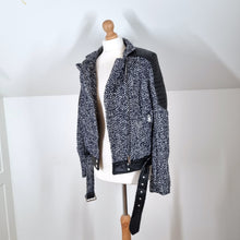 Load image into Gallery viewer, NEW Capsule Tweed Biker Jacket Faux Leather Quilted Navy Black Wool Mix Bomber 12 14
