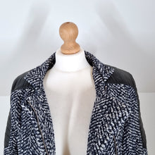 Load image into Gallery viewer, NEW Capsule Tweed Biker Jacket Faux Leather Quilted Navy Black Wool Mix Bomber 12 14
